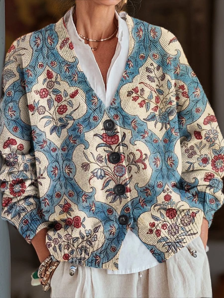 vintage-ethnic-diamond-check-floral-painting-art-print-buttoned-v-neck-cardigan-sweater