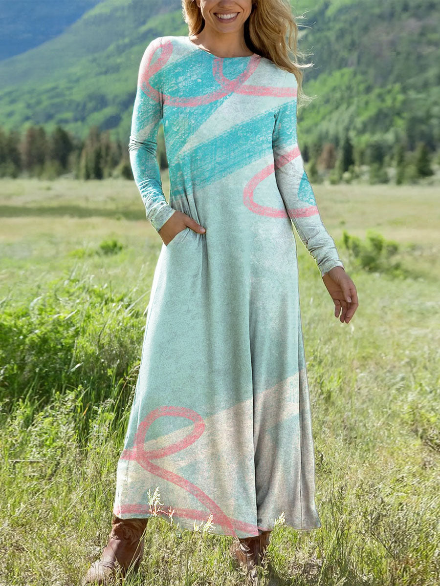 Women's Color Block Plus Line Art Print Long-sleeved Dress