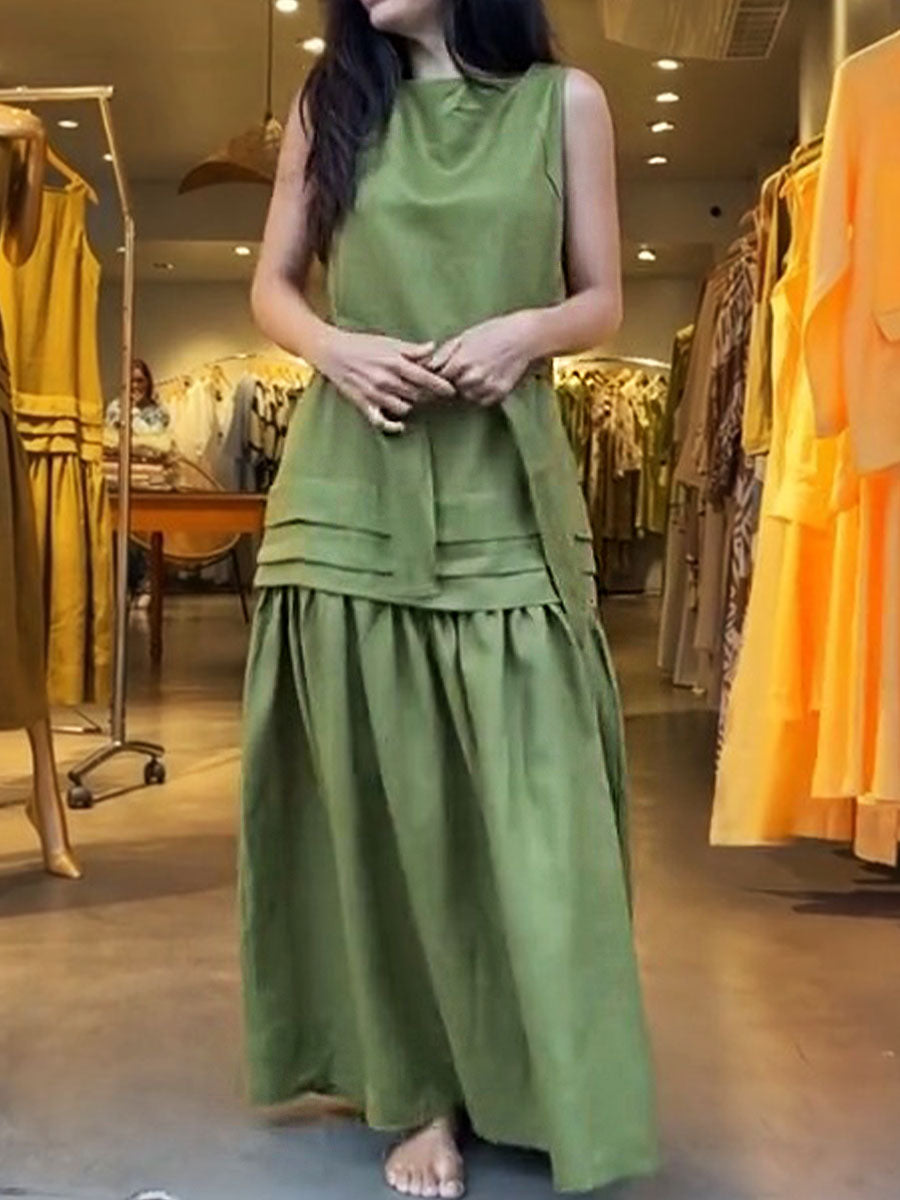 Women's Solid Color Round Neck Sleeveless Casual Loose Cotton and Linen Vest Dress