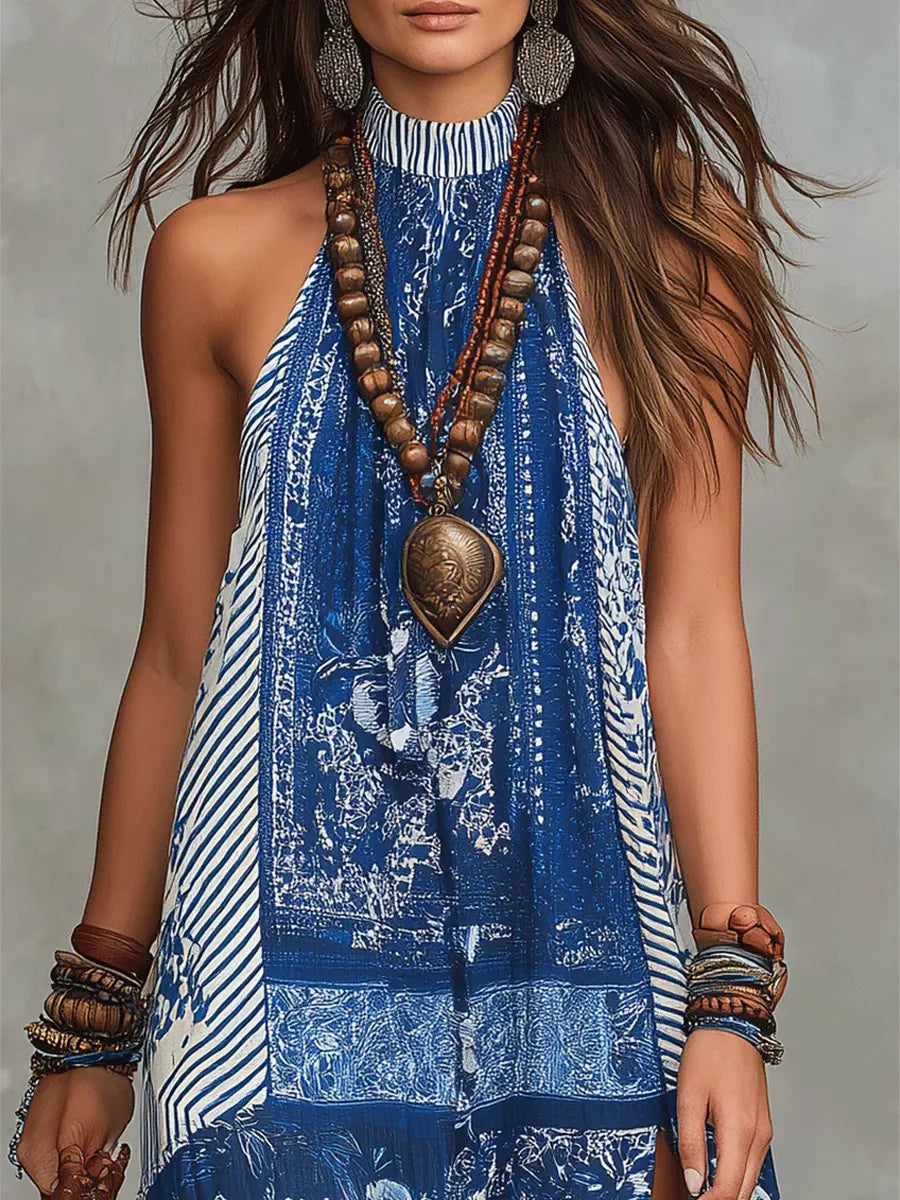 Women's Retro Ethnic Floral Pattern Art Print Casual Fashion Cotton Maxi Dress