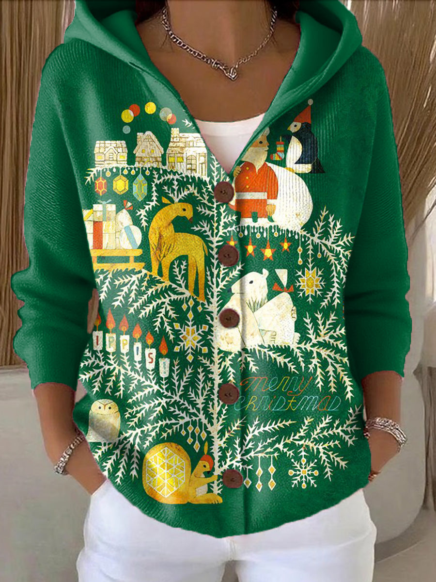 Women's Cute Winter Christmas Gift Drawing Art Print Casual Hooded Button Sweater