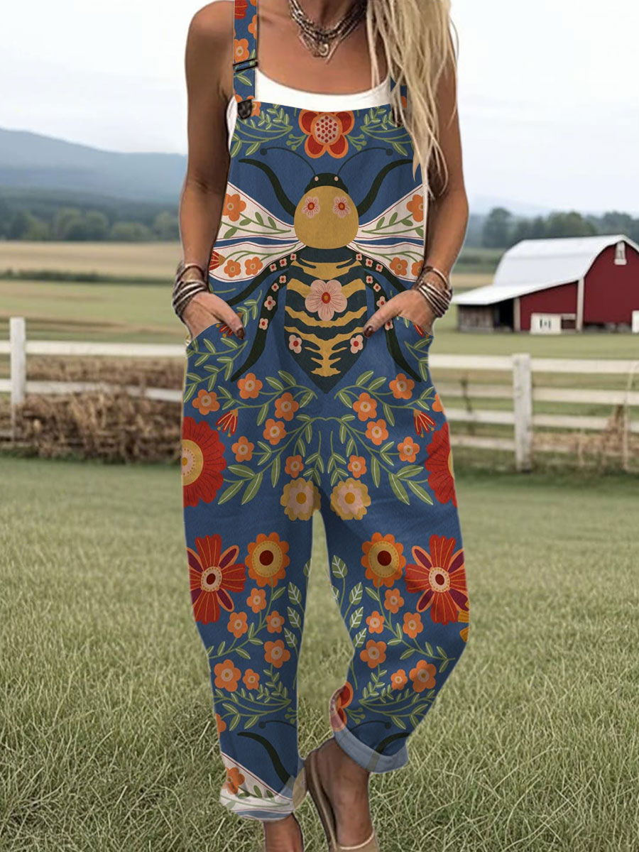 Women's  Vintage  Bee Flowers Art Print Casual 100% Cotton Wide Leg Jumpsuit