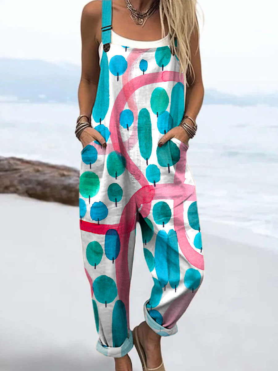Women's Colorful Abstract Fruit Tree Doodle Art Print Casual 100% Cotton Wide Leg Jumpsuit