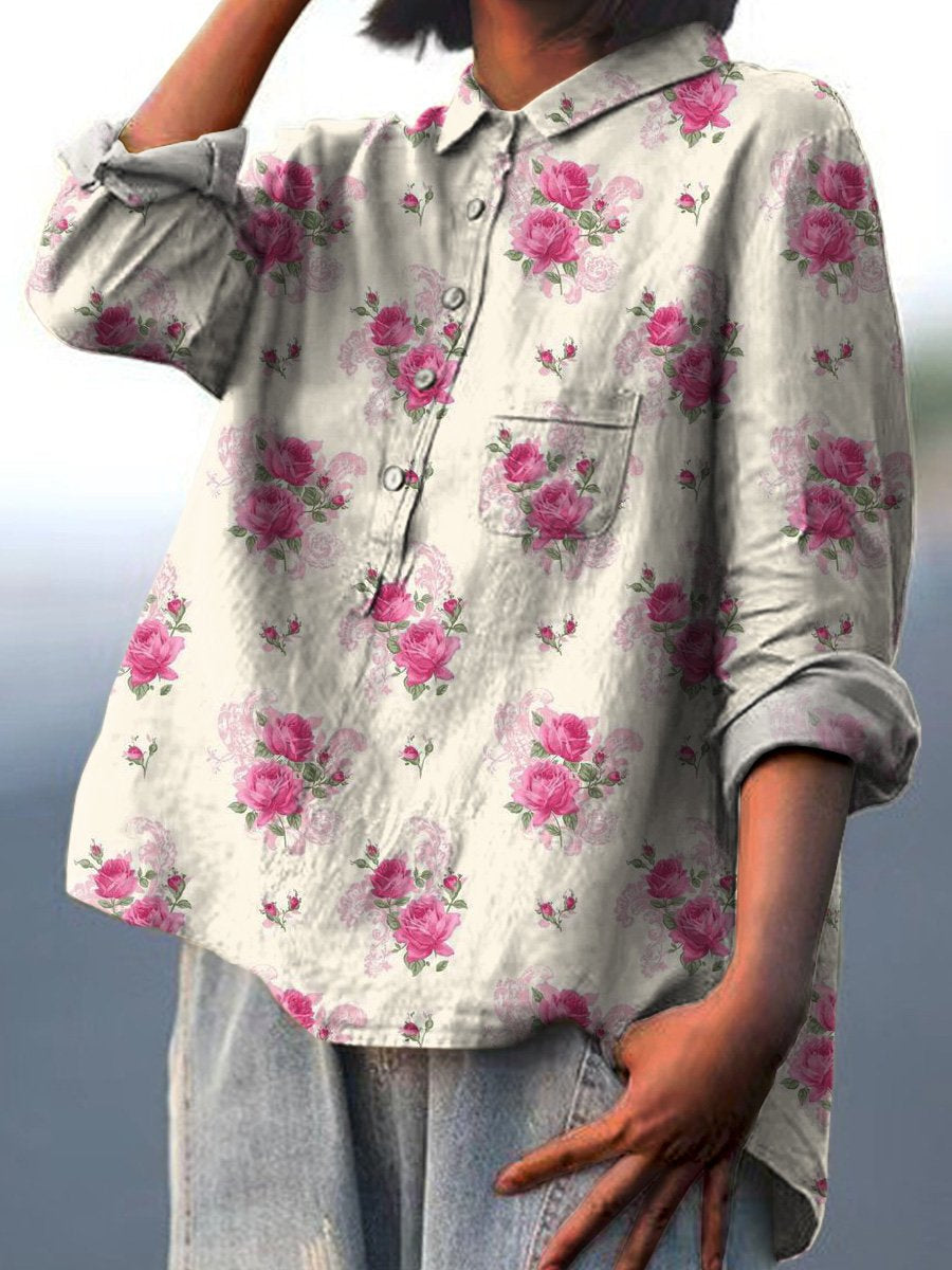Pink Rose Pattern Printed Women's Casual Cotton And Linen Shirt