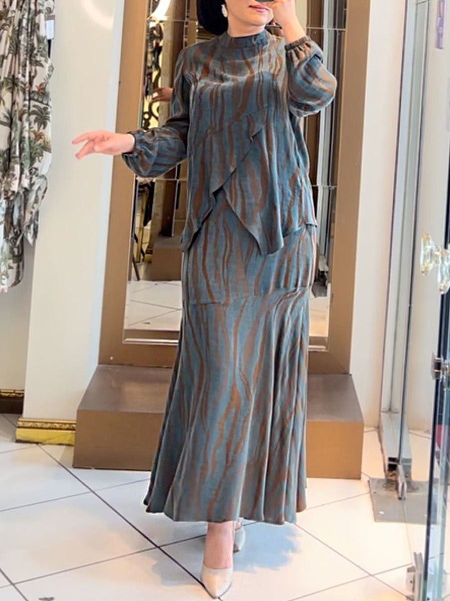 Women's Abstract Geometric Print Round Neck Long-Sleeved Casual Loose-Fit Stretch Top with High-Rise Elastic Waist Skirt Set