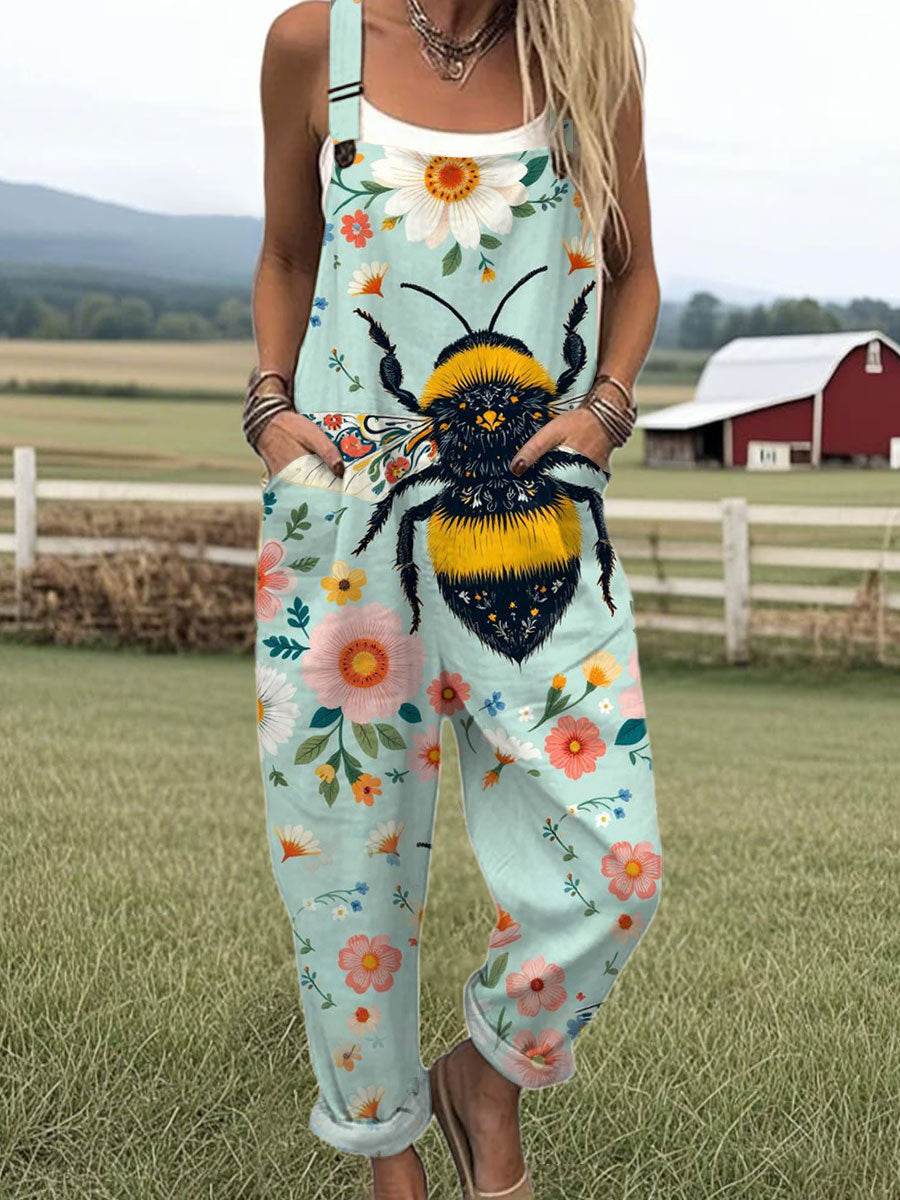 Women's Funny  Bee Art Print Casual 100% Cotton Wide Leg Jumpsuit