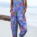 Women's Colorful Flower Art Print Casual 100% Cotton Wide Leg Jumpsuit