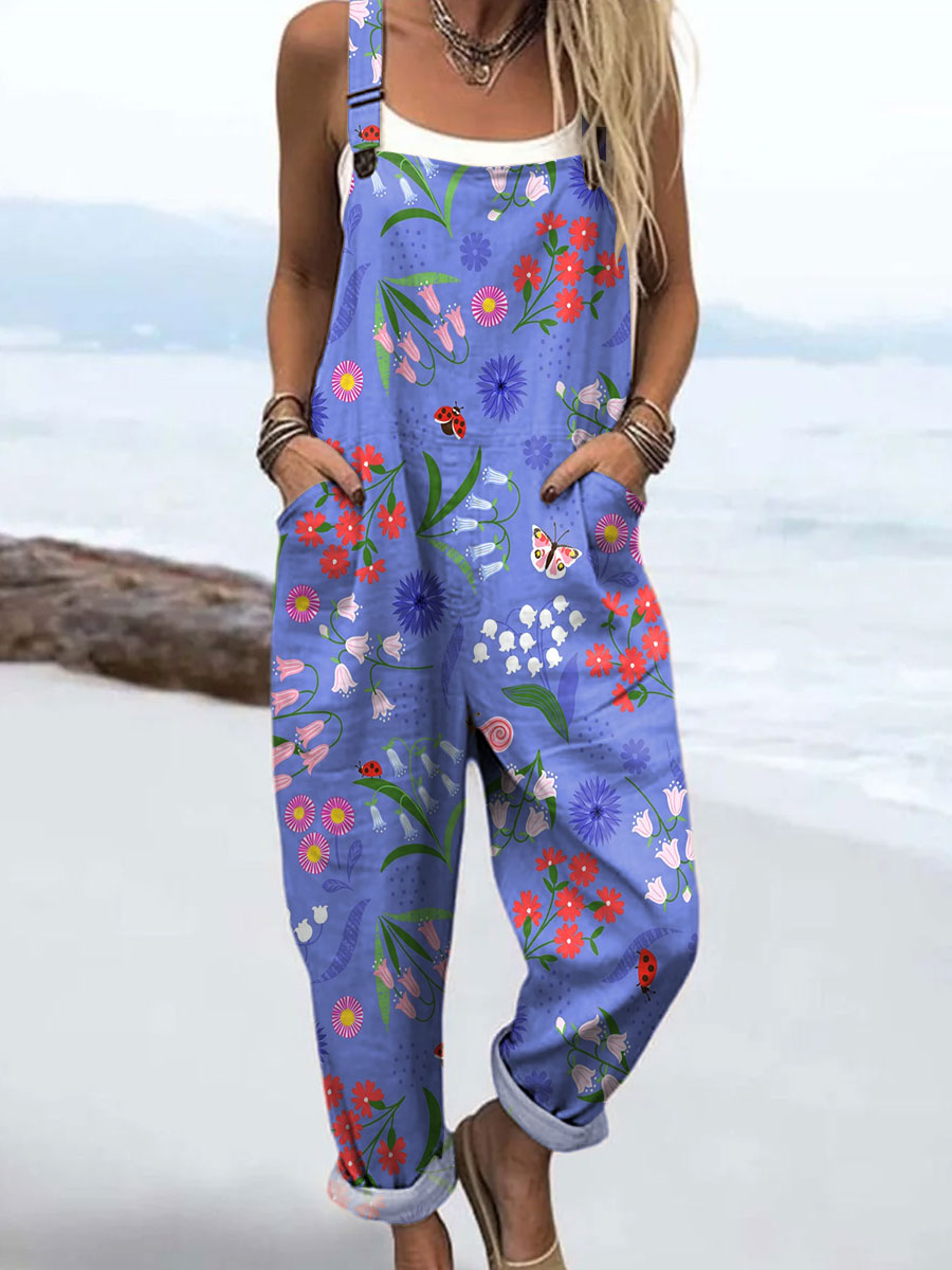 Women's Colorful Flower Art Print Casual 100% Cotton Wide Leg Jumpsuit