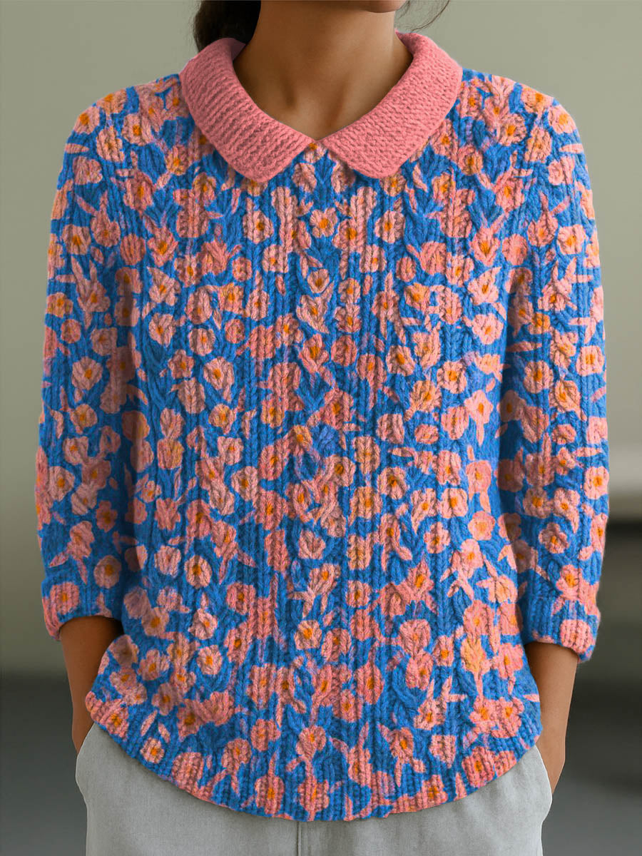 womens-vintage-floral-art-print-casual-peter-pan-collar-3-4-sleeve-sweater-u47e