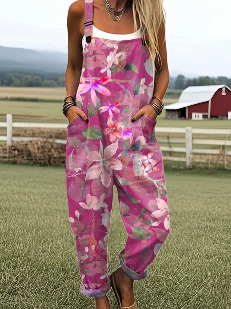 Women's Vintage Floral Art Print Casual 100% Cotton Wide Leg Jumpsuit