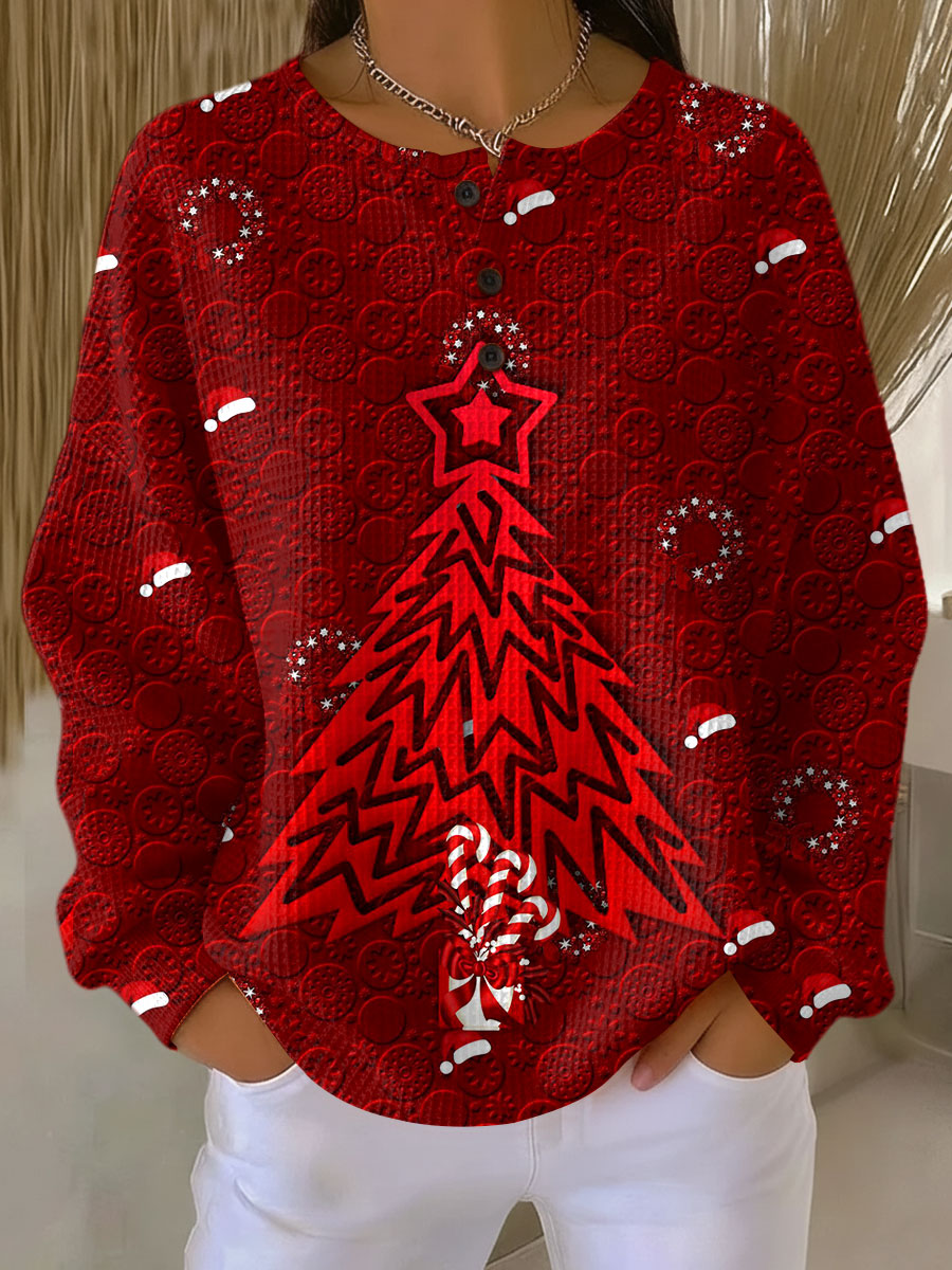 Women's Vintage Christmas Tree Art Print Casual Cotton Shirt