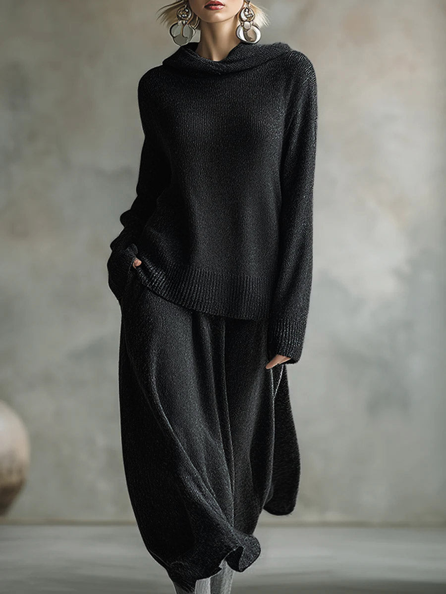 Women's Solid Color Long Sleeve Loose Hooded Top High Waist Casual A-Line Skirt Set