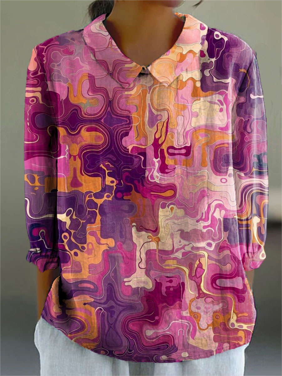 Women's Flower Colors Floral Pattern Print Casual Cotton And Linen 3/4 Sleeve Shirt