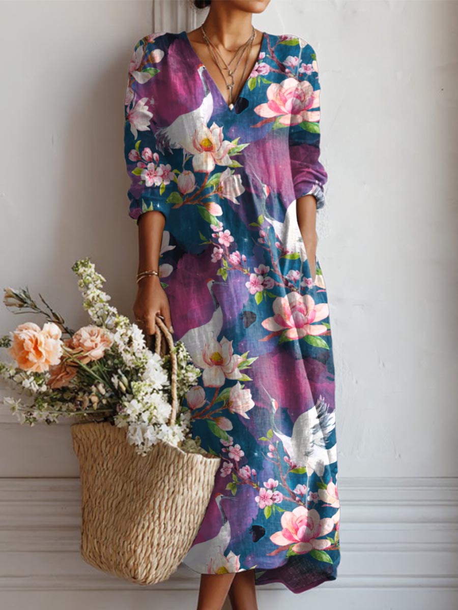 Women's Vintage Floral Art Print Casual Cotton Linen Pocket Dress