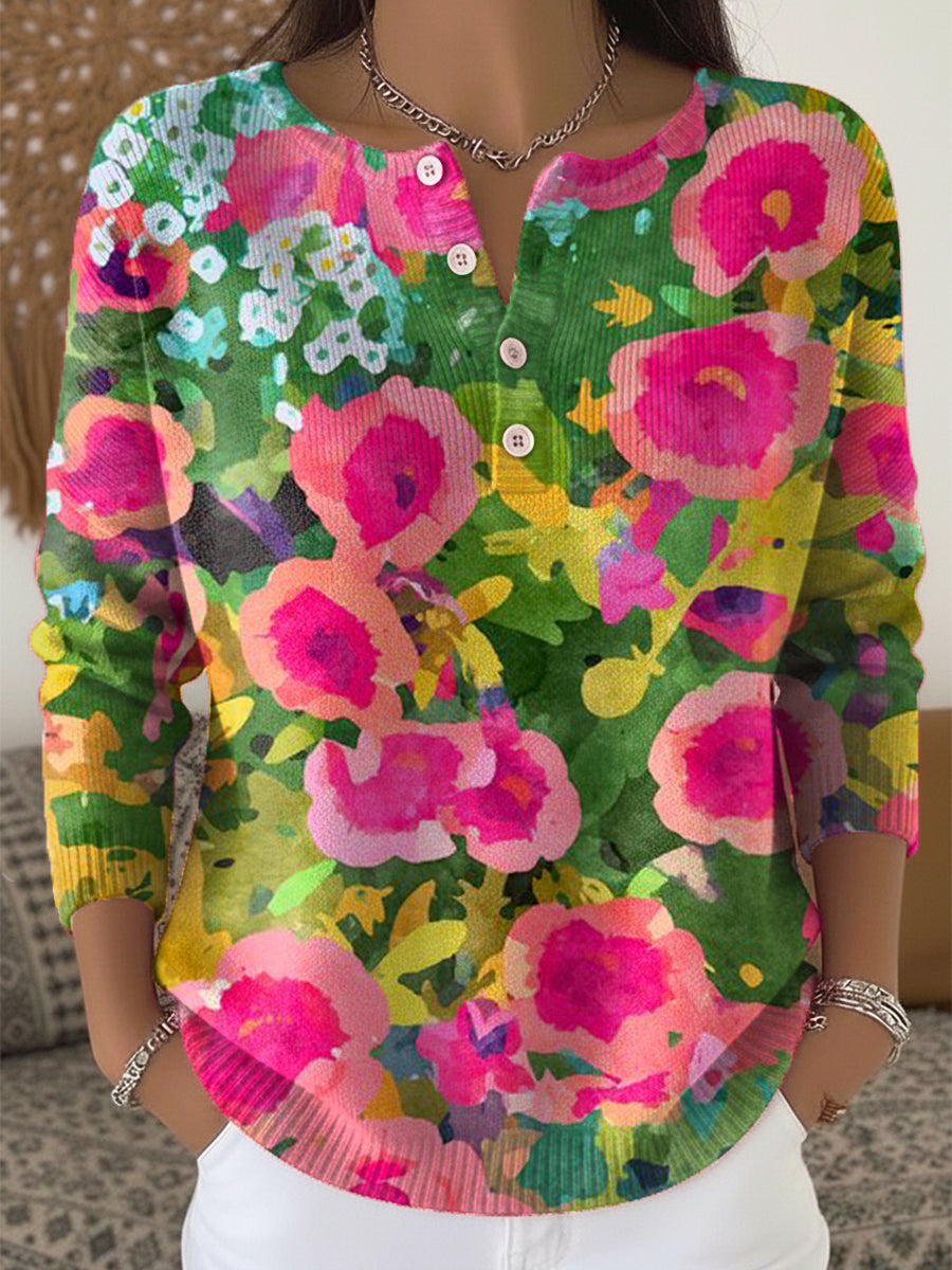 Beautiful Bright Abstract Floral Painting Art Print Buttoned Cardigan Sweater