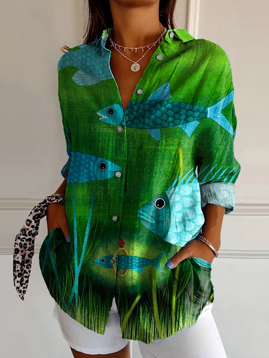Pond Fish And Hidden Gem Art Printed Women's Casual Cotton Shirt
