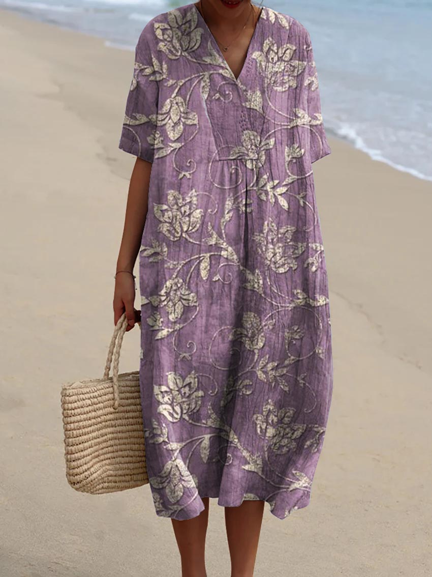 Women's Vintage Lovely Floral Art Print Flowy Dress