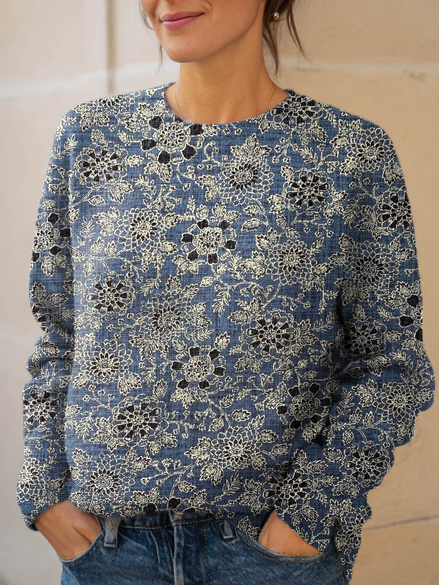 womens-vintage-floral-pattern-art-print-knit-pullover-sweater