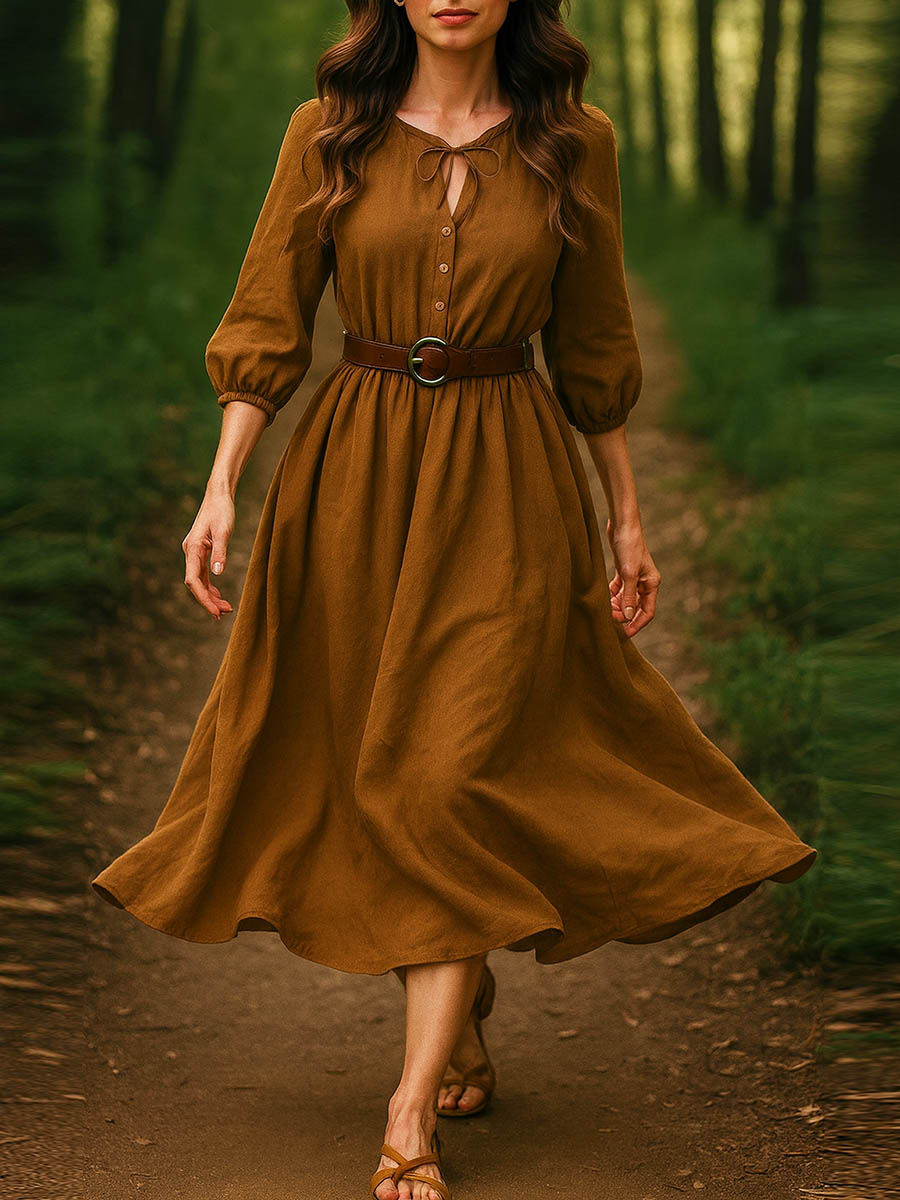 Women's Solid Color V-Neck Tie-Up 3/4 Sleeves Casual Loose Cotton and Linen Dress