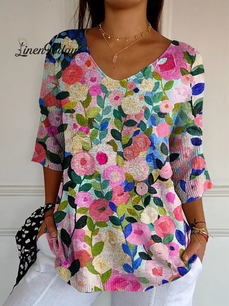 Colorful Spring Floral Garden Printed Women's Casual Pullover Knit