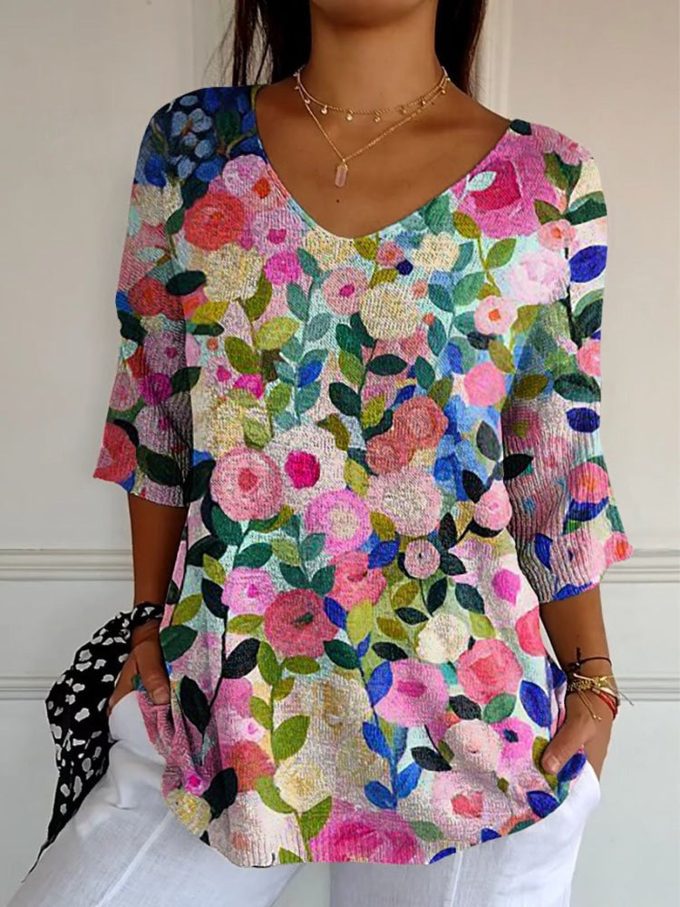 Colorful Spring Floral Garden Printed Women's Casual Pullover Knit