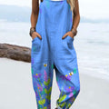 Damen-Jumpsuit mit abstraktem Bienen- und Blumenmuster im Vintage-Stil, 100 % Baumwolle, weites Bein 
