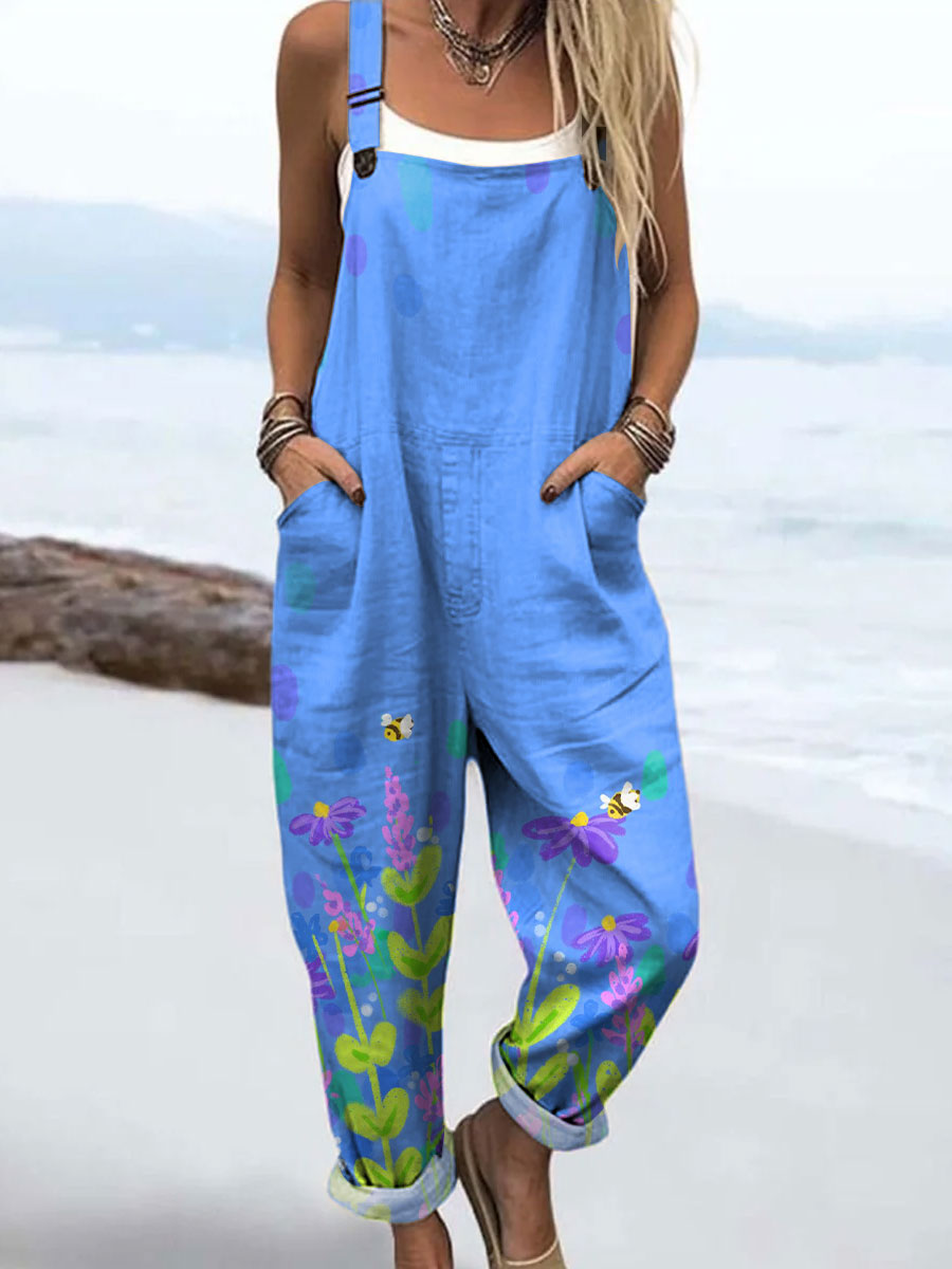 Women's Vintage Abstract Bee Floral Art Print Casual 100% Cotton Wide Leg Jumpsuit