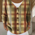 Retro Plaid Pattern Print Buttoned V-neck Cardigan Sweater