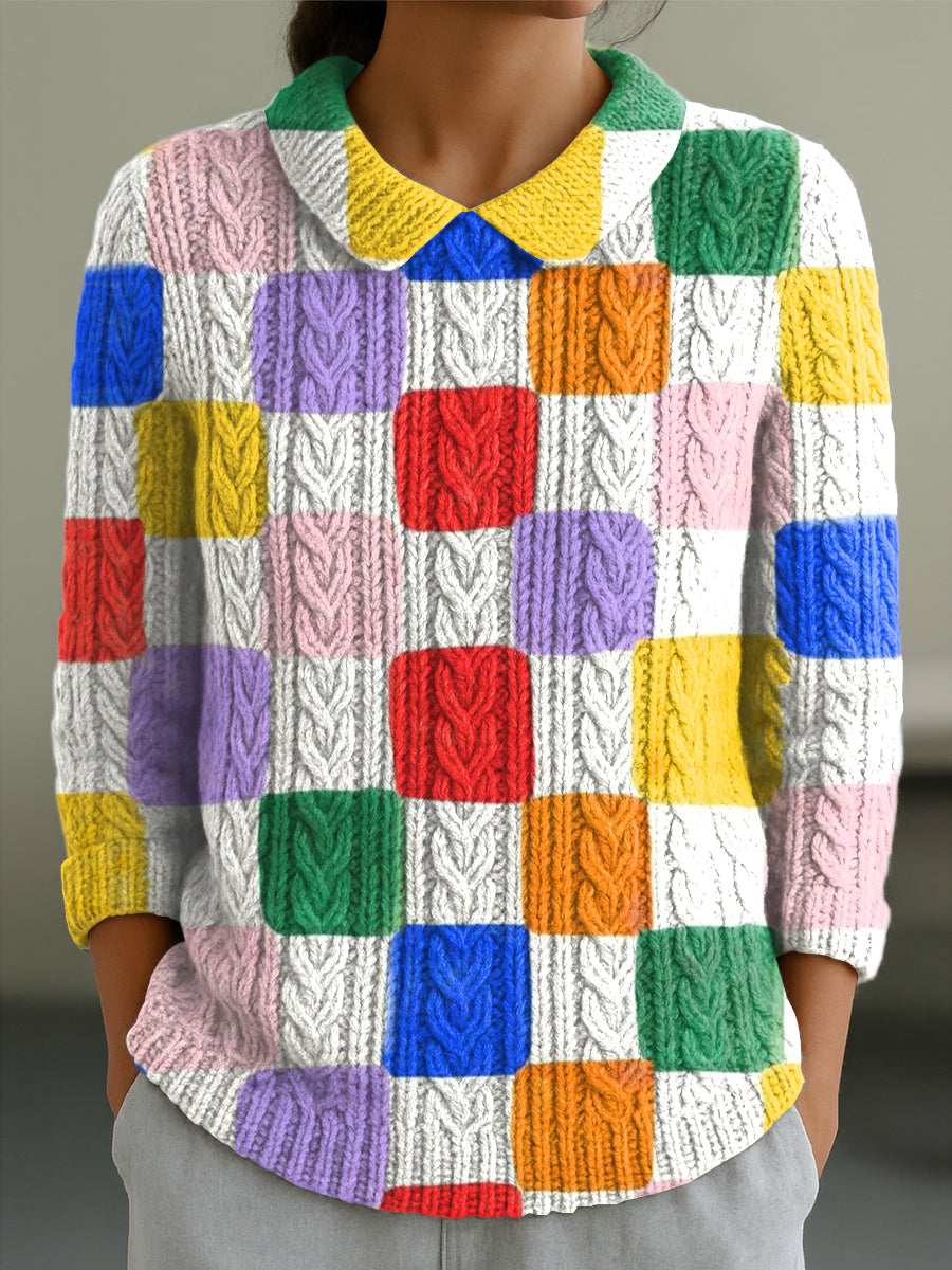 womens-abstract-colorful-plaid-painting-art-print-casual-peter-pan-collar-3-4-sleeve-sweater-uqb1