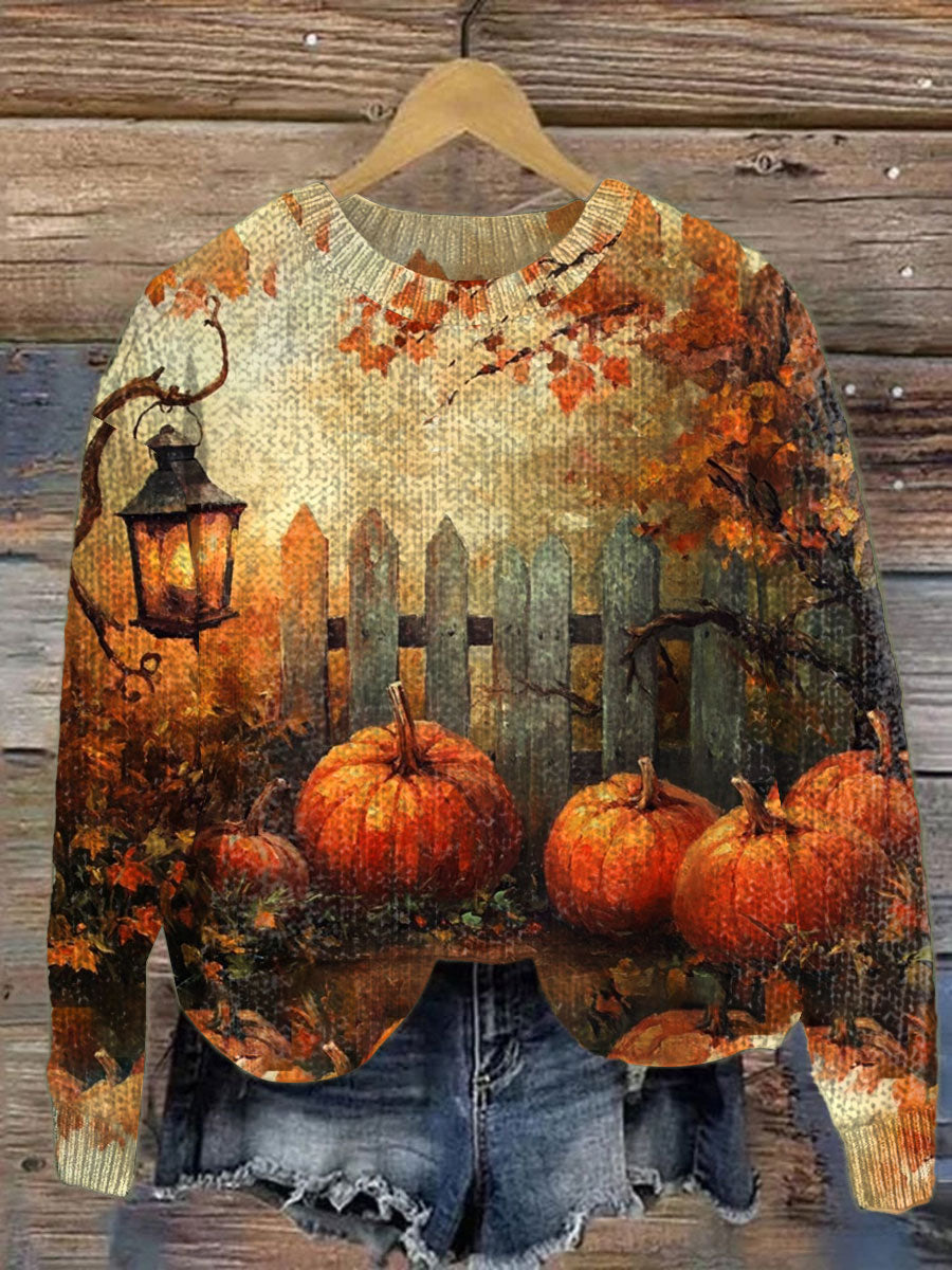 vintage-pumpkin-art-print-knit-pullover-sweater
