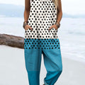 Women's Fashion Color Block Dot Art Print Casual 100% Cotton Wide Leg Jumpsuit