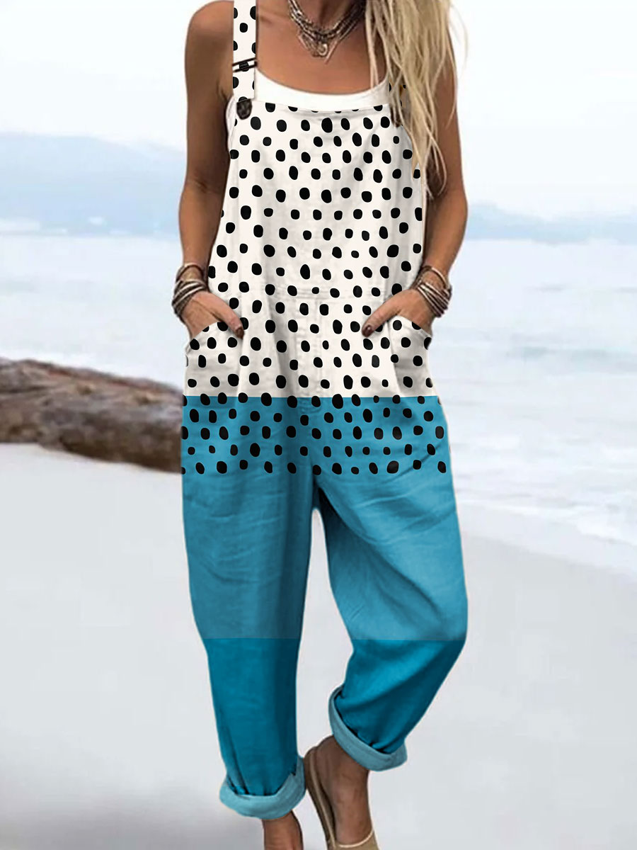 Women's Fashion Color Block Dot Art Print Casual 100% Cotton Wide Leg Jumpsuit