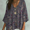 Women's Vintage Flower Art Print V-neck Loose Shirt