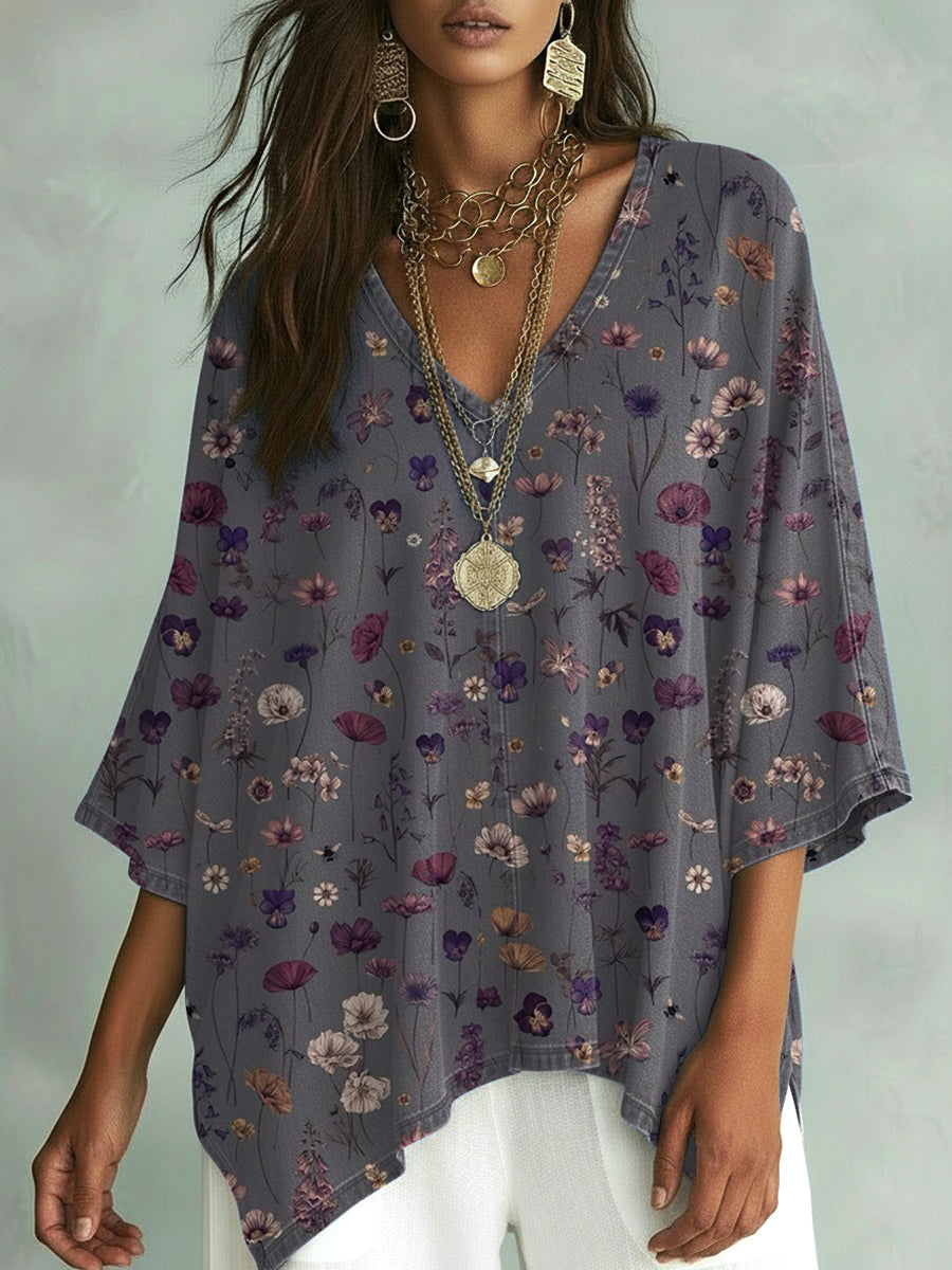 Women's Vintage Flower Art Print V-neck Loose Shirt
