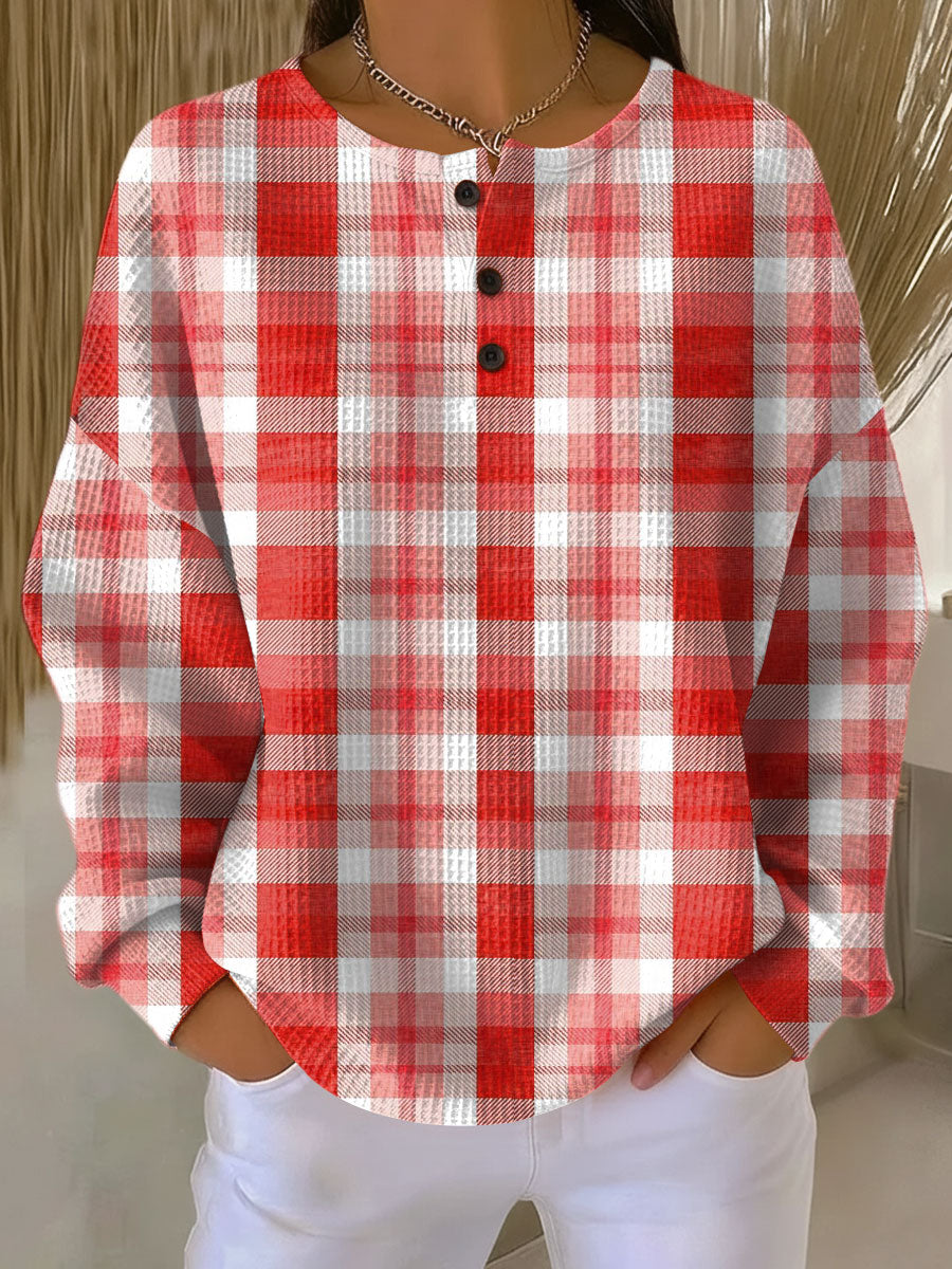 Women's  Vintage Christmas Plaid Art Print Casual Cotton Sweatshirt