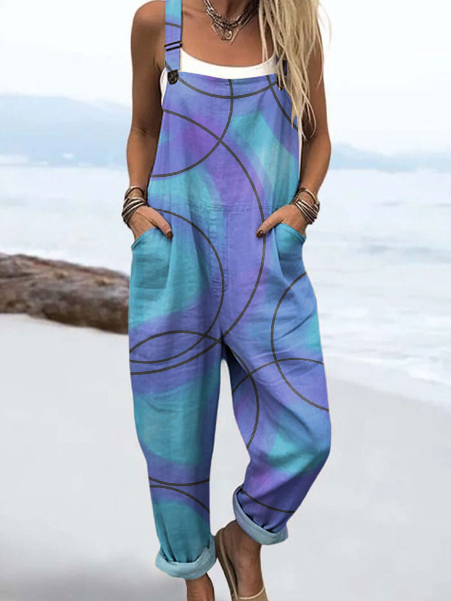 Women's Fashion Color Block Line Art Print Casual 100% Cotton Wide Leg Jumpsuit