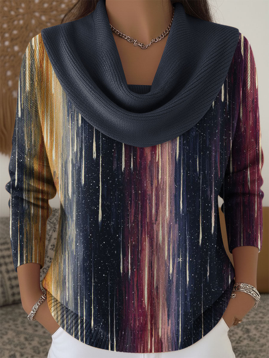 Women's Geometric Color Splicing Print Cowl Neck Sweater