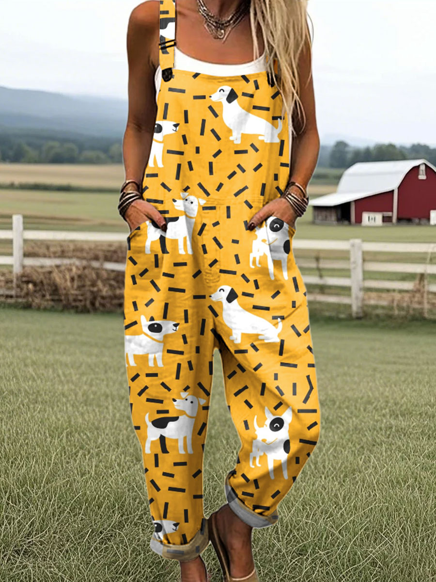 Women's Funny Dog Art Print Casual 100% Cotton Wide Leg Jumpsuit