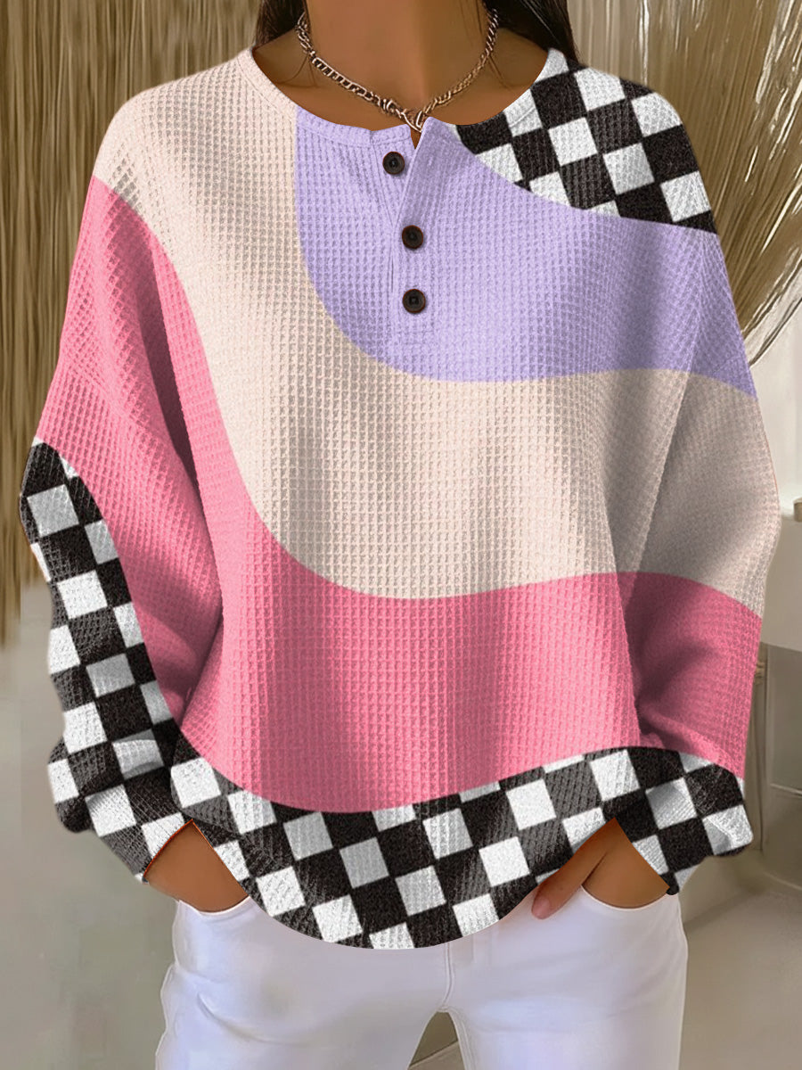 Women's Abstract Colorful Striped Checkerboard Painting Art Print Casual Cotton Sweatshirt