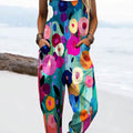 Women's Vintage Floral Art Print Casual 100% Cotton Wide Leg Jumpsuit