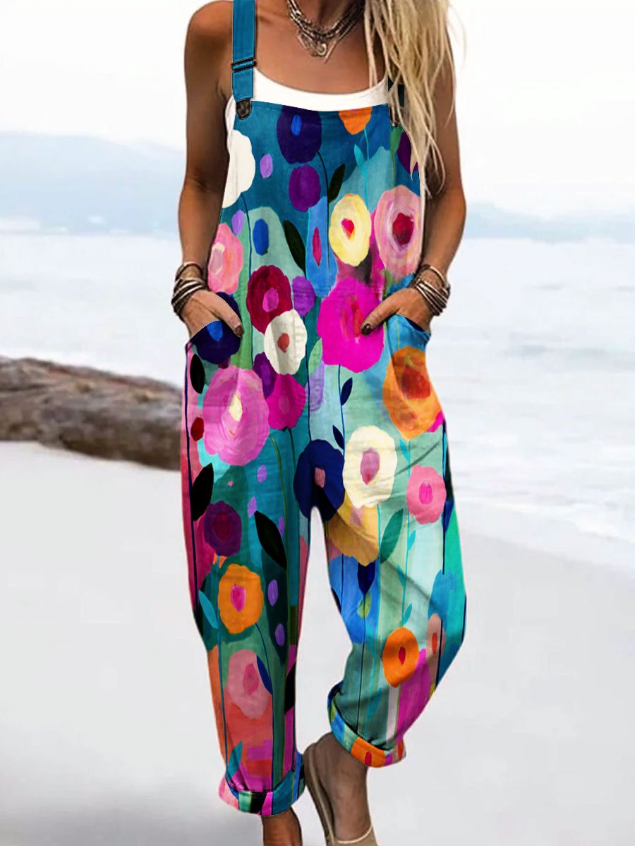 Women's Vintage Floral Art Print Casual 100% Cotton Wide Leg Jumpsuit