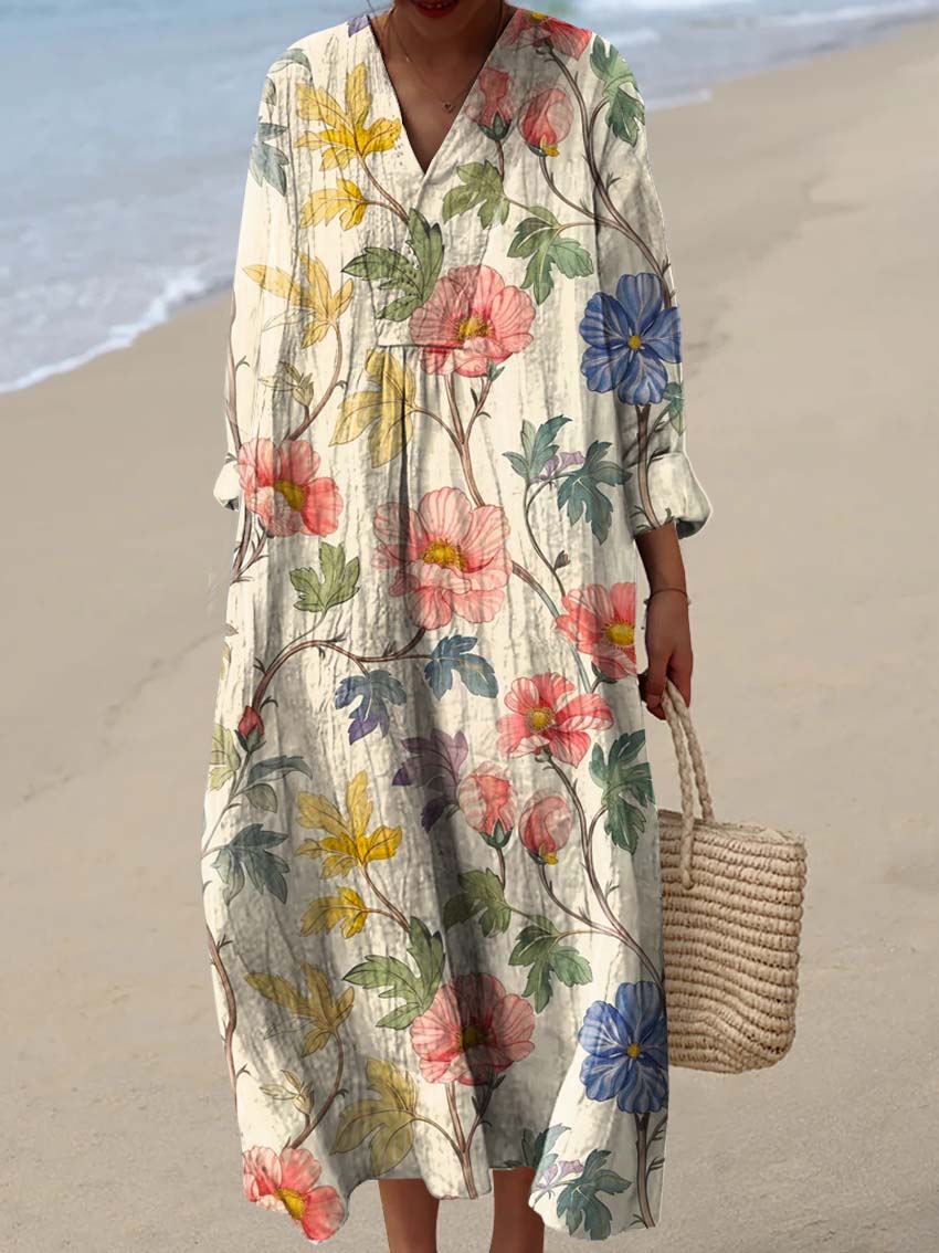 Women's Vintage Lovely Floral Art Print Cotton Dress
