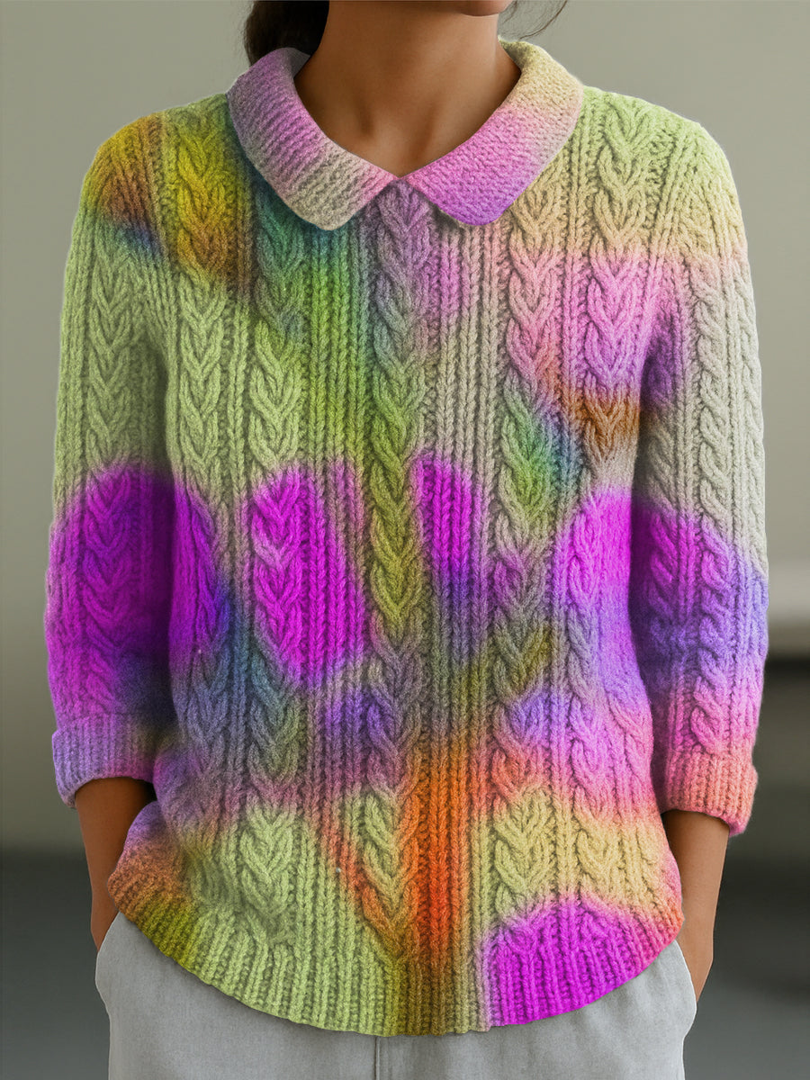 womens-abstract-colorful-large-flower-painting-art-print-casual-peter-pan-collar-3-4-sleeve-sweater