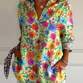 Women's Brightly Colored Small Flowers Print Casual Cotton Shirt