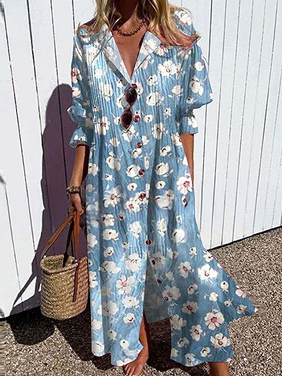 Women's Floral Art Print Pleated Casual Dress