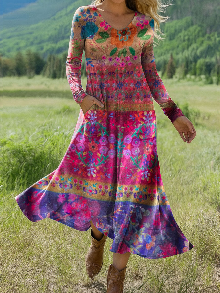 Women's Boho Floral Print Art Print Long-sleeved Dress