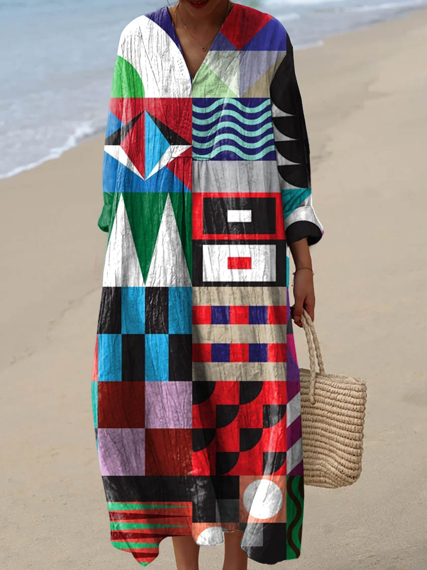 Women's Abstract Geometric Pattern Art Print Cotton Dress