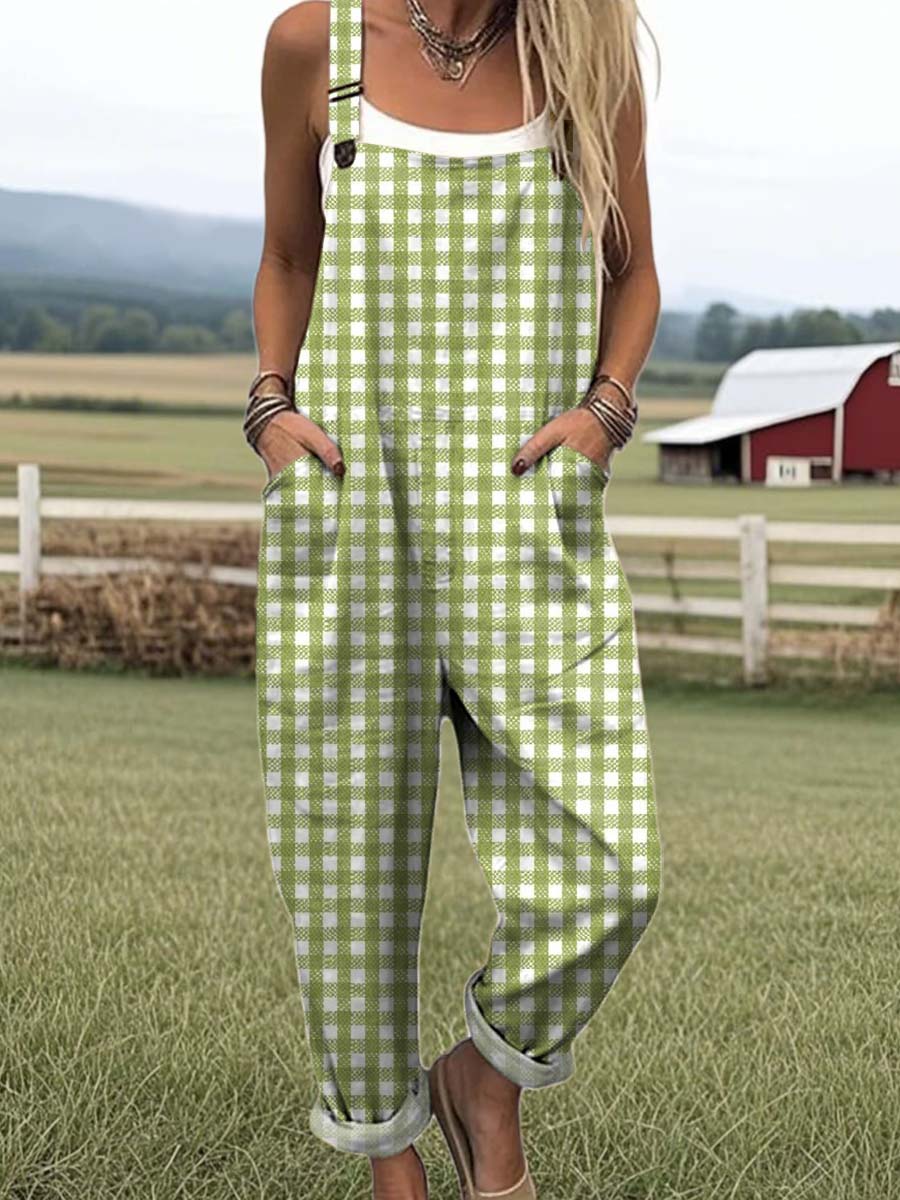 Women's Plaid Pattern Art Print Casual 100% Cotton Wide Leg Jumpsuit