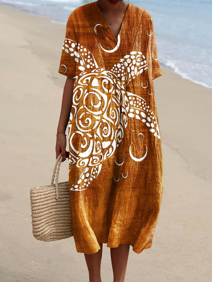 Women's Vintage Ocean Turtle Art Print Flowy Dress