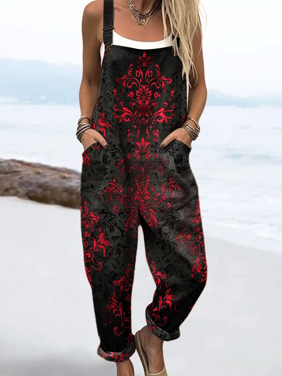 Women's Vintage Pattern Art Print Casual 100% Cotton Wide Leg Jumpsuit